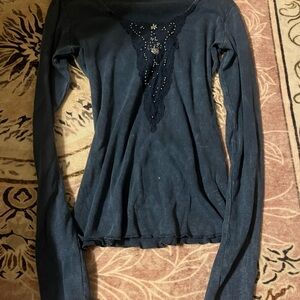 ONE WORLD Navy Long Sleeve Top with Lace Detail